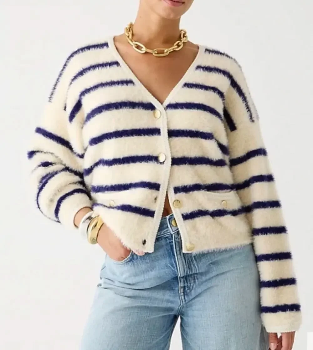 J. Crew Sweater Lady jacket in striped brushed yarn Ivory Blue Gold XS